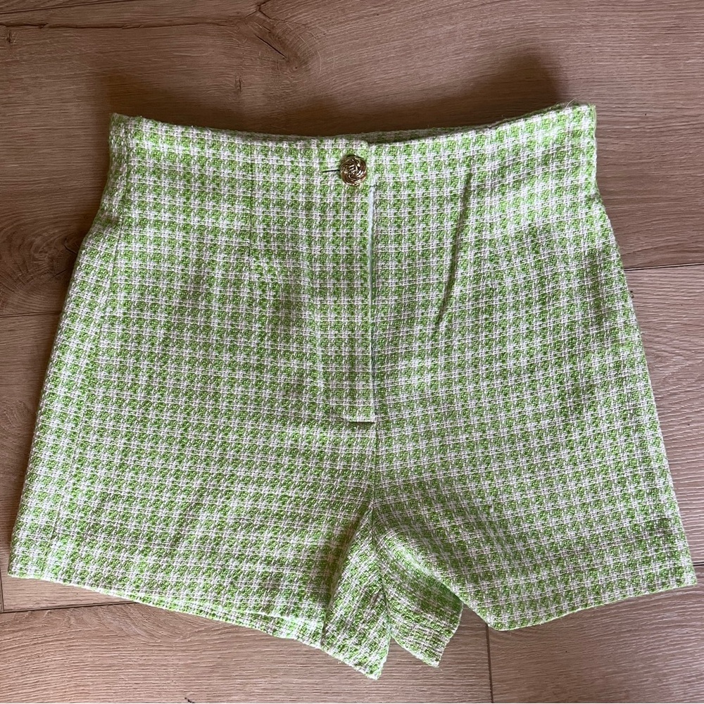 Zara Lime Green & White High-Waist Tweed Shorts Women’s Medium